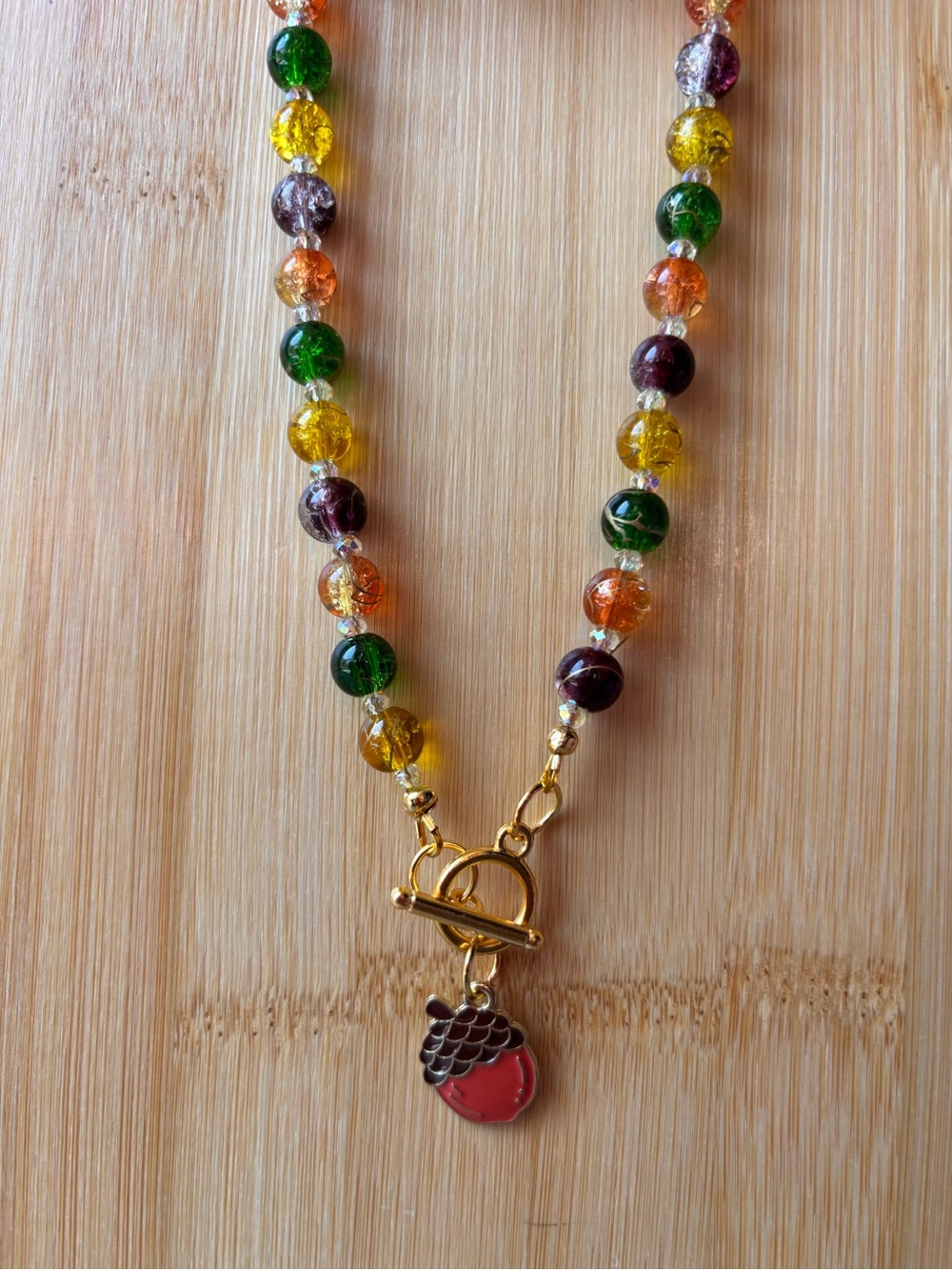 Multicolor Beaded Toggle Necklace with Acorn Charm